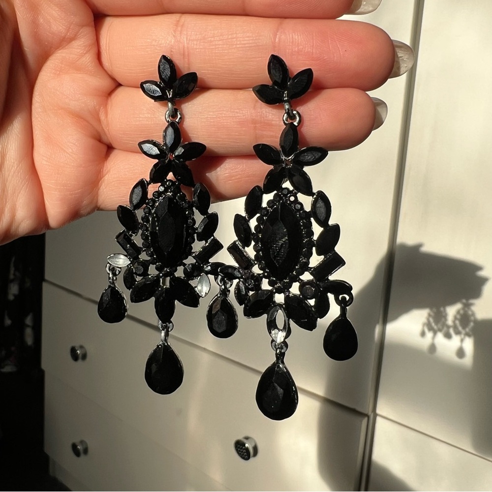 Zara Black Floral Drop Earrings with Teardrop Accents